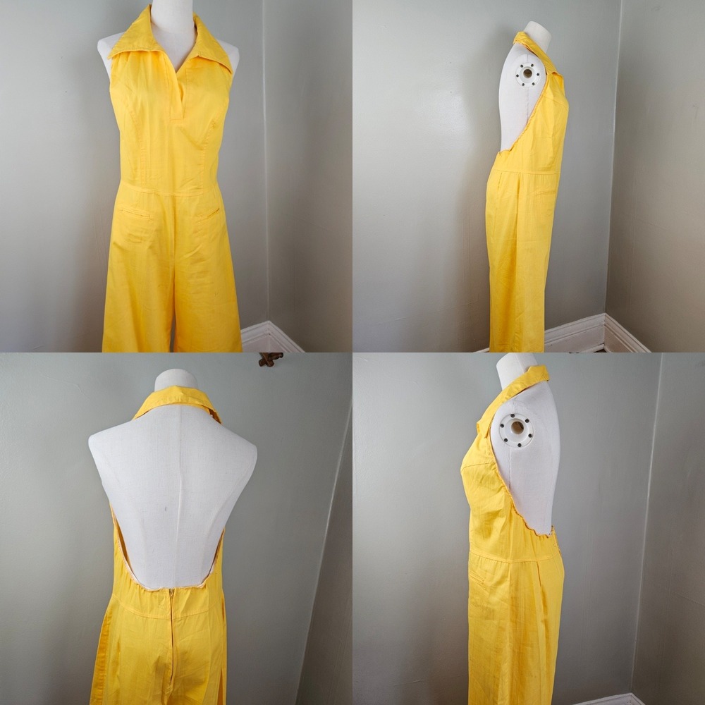 Vintage‎ Wide Leg Halter Jumpsuit Sz XS S Yellow Open Back - Picture 4 of 14